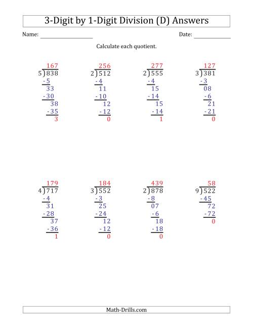 The 3-Digit by 1-Digit Long Division with Remainders and Steps Shown on Answer Key (D) Math Worksheet Page 2