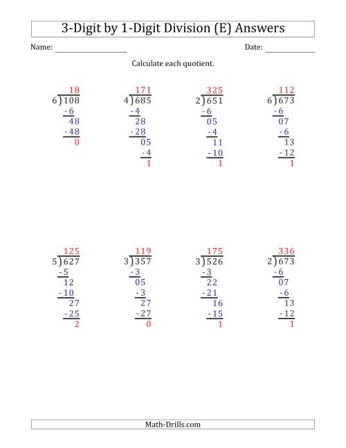 3 digit by 1 digit long division with remainders and steps