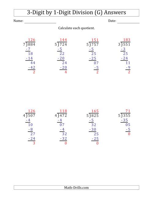 3 digit by 1 digit long division with remainders and steps