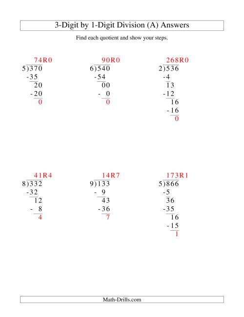 dividing a 3 digit dividend by a 1 digit divisor and showing steps old