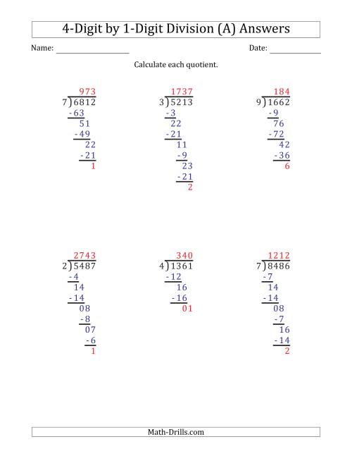 4 Digit By 1 Digit Long Division With Remainders And Steps Shown On 