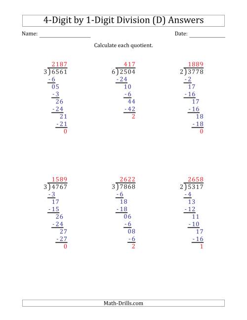 4-Digit by 1-Digit Long Division with Remainders and Steps ...