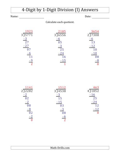 4 digit by 1 digit long division with remainders and steps