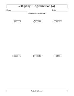 5-Digit by 1-Digit Long Division with Remainders and Steps Shown on Answer Key