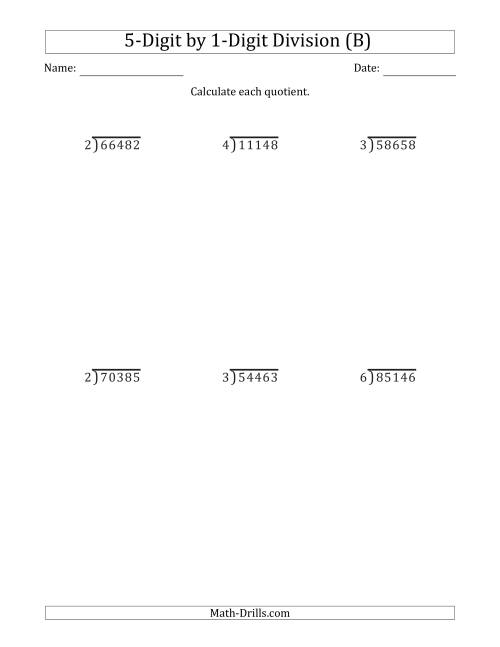 The 5-Digit by 1-Digit Long Division with Remainders and Steps Shown on Answer Key (B) Math Worksheet