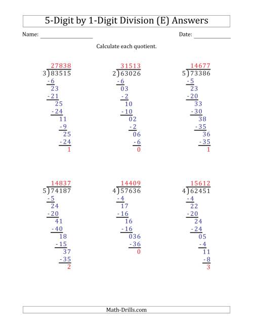 The 5-Digit by 1-Digit Long Division with Remainders and Steps Shown on Answer Key (E) Math Worksheet Page 2