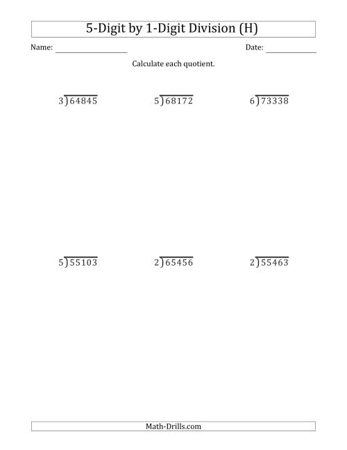 The 5-Digit by 1-Digit Long Division with Remainders and Steps Shown on Answer Key (H) Math Worksheet