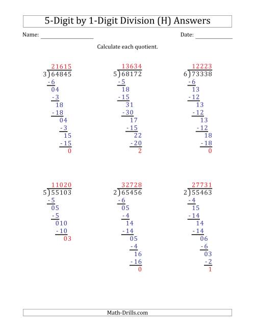 The 5-Digit by 1-Digit Long Division with Remainders and Steps Shown on Answer Key (H) Math Worksheet Page 2