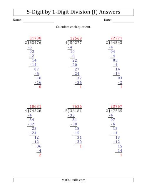 The 5-Digit by 1-Digit Long Division with Remainders and Steps Shown on Answer Key (I) Math Worksheet Page 2