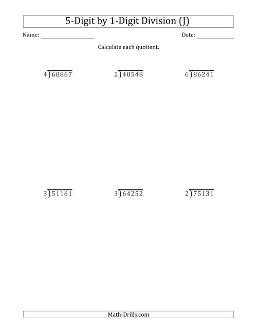The 5-Digit by 1-Digit Long Division with Remainders and Steps Shown on Answer Key (J) Math Worksheet