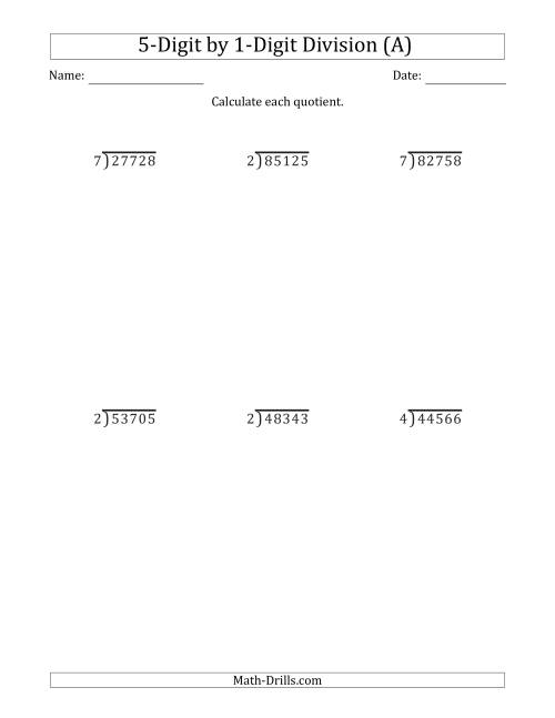The 5-Digit by 1-Digit Long Division with Remainders and Steps Shown on Answer Key (All) Math Worksheet