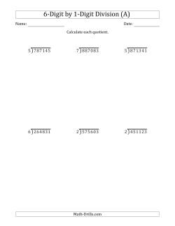 6-Digit by 1-Digit Long Division with Remainders and Steps Shown on Answer Key