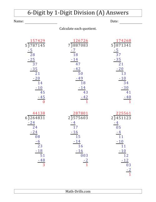 6 digit by 1 digit long division with remainders and steps shown on