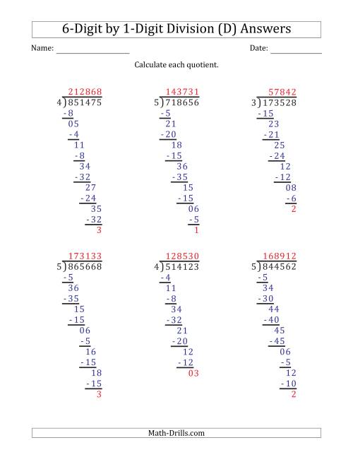 6 digit by 1 digit long division with remainders and steps shown on