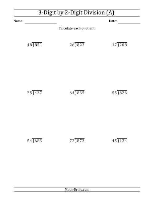 Long Division 3-digit By 2-digit Worksheets