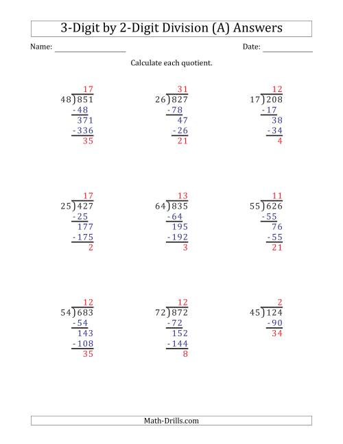 3-Digit by 2-Digit Long Division with Remainders and Steps Shown on
