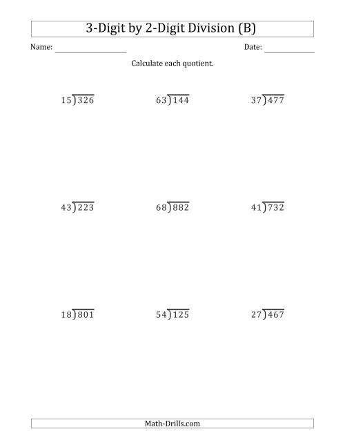The 3-Digit by 2-Digit Long Division with Remainders and Steps Shown on Answer Key (B) Math Worksheet