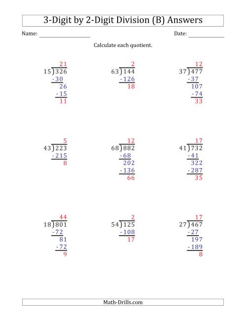 The 3-Digit by 2-Digit Long Division with Remainders and Steps Shown on Answer Key (B) Math Worksheet Page 2