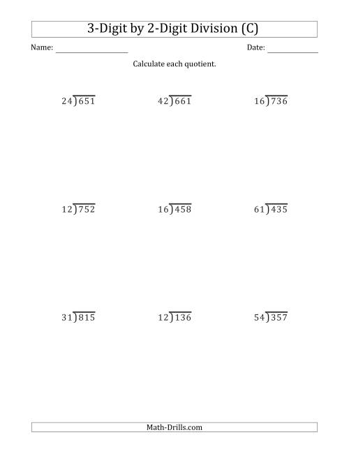 The 3-Digit by 2-Digit Long Division with Remainders and Steps Shown on Answer Key (C) Math Worksheet