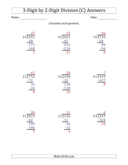The 3-Digit by 2-Digit Long Division with Remainders and Steps Shown on Answer Key (C) Math Worksheet Page 2