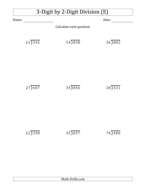 The 3-Digit by 2-Digit Long Division with Remainders and Steps Shown on Answer Key (E) Math Worksheet