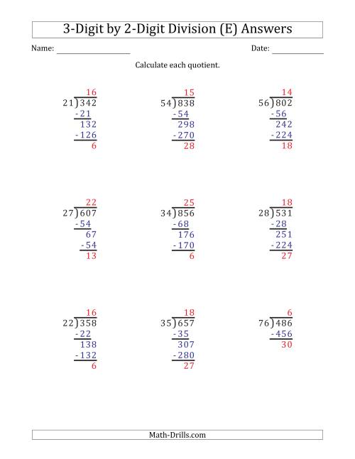 The 3-Digit by 2-Digit Long Division with Remainders and Steps Shown on Answer Key (E) Math Worksheet Page 2