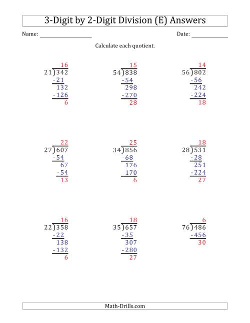 3 digit by 2 digit long division with remainders and steps shown on