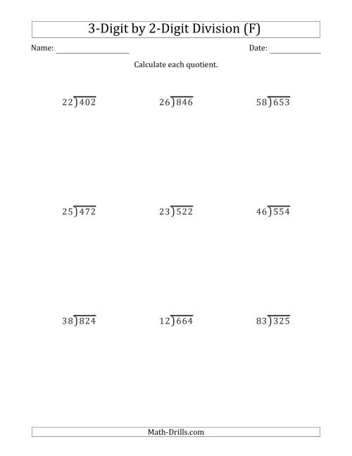 The 3-Digit by 2-Digit Long Division with Remainders and Steps Shown on Answer Key (F) Math Worksheet