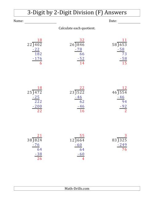 The 3-Digit by 2-Digit Long Division with Remainders and Steps Shown on Answer Key (F) Math Worksheet Page 2