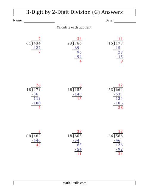 The 3-Digit by 2-Digit Long Division with Remainders and Steps Shown on Answer Key (G) Math Worksheet Page 2