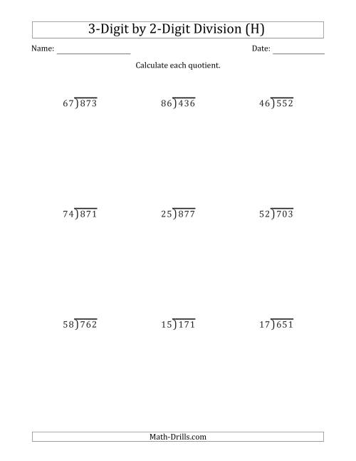 The 3-Digit by 2-Digit Long Division with Remainders and Steps Shown on Answer Key (H) Math Worksheet