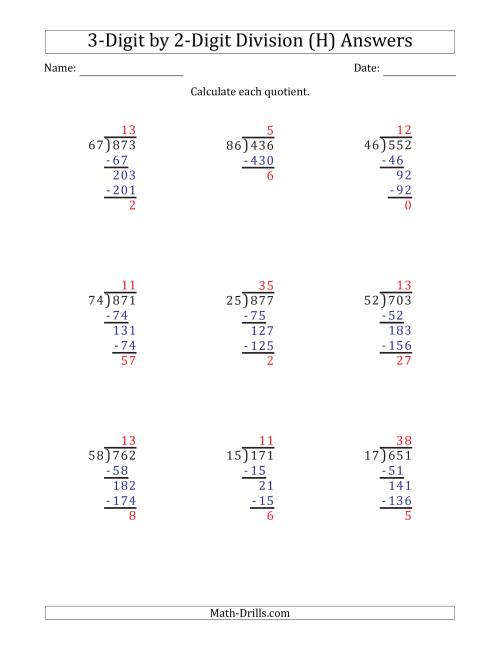 The 3-Digit by 2-Digit Long Division with Remainders and Steps Shown on Answer Key (H) Math Worksheet Page 2