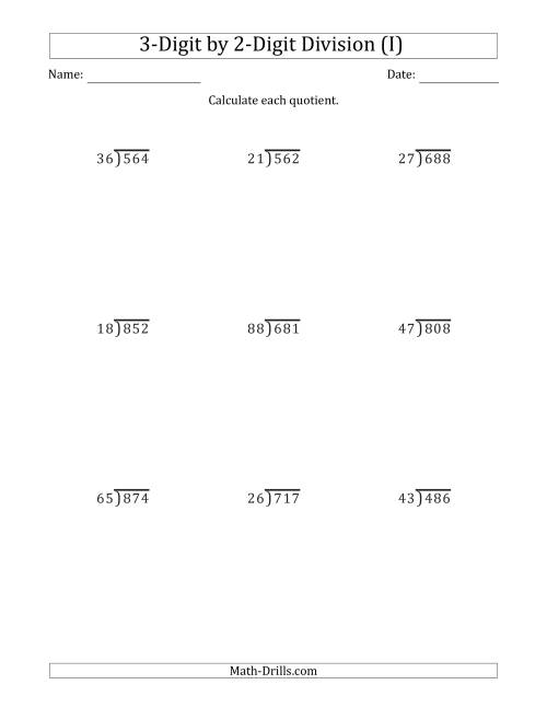 The 3-Digit by 2-Digit Long Division with Remainders and Steps Shown on Answer Key (I) Math Worksheet