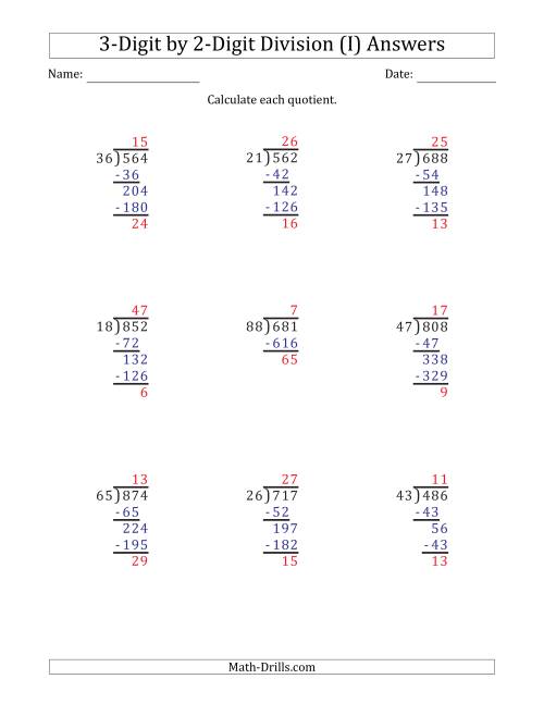 The 3-Digit by 2-Digit Long Division with Remainders and Steps Shown on Answer Key (I) Math Worksheet Page 2