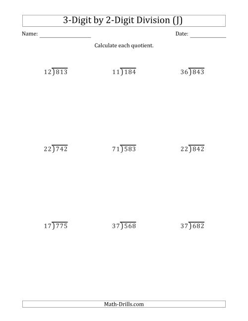 The 3-Digit by 2-Digit Long Division with Remainders and Steps Shown on Answer Key (J) Math Worksheet
