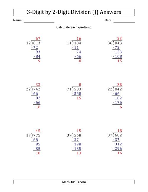 The 3-Digit by 2-Digit Long Division with Remainders and Steps Shown on Answer Key (J) Math Worksheet Page 2