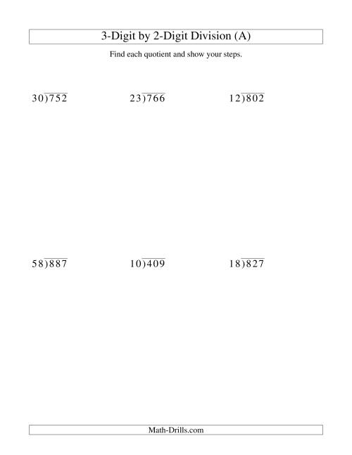The Dividing a 3-Digit Dividend by a 2-Digit Divisor and Showing Steps (Old) Math Worksheet