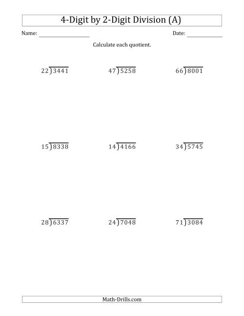 The 4-Digit by 2-Digit Long Division with Remainders and Steps Shown on Answer Key (A) Math Worksheet