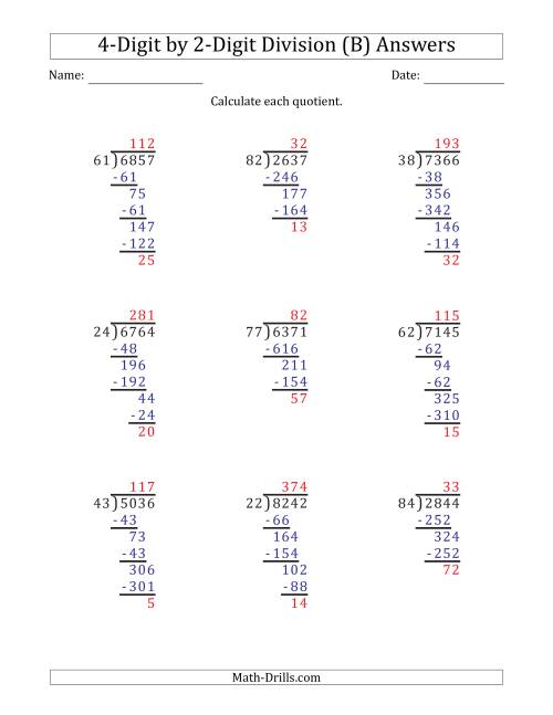 4 digit by 2 digit long division with remainders and steps shown on