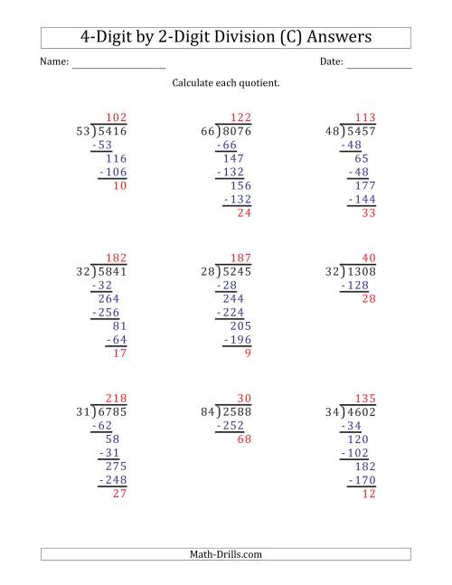 4 digit by 2 digit long division with remainders and steps