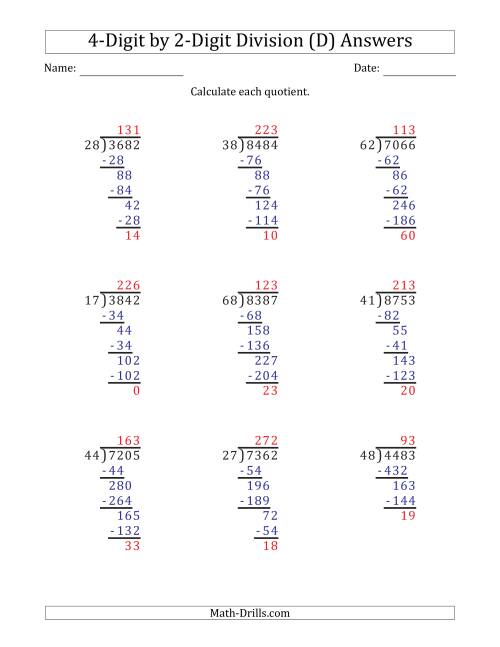 4 digit by 2 digit long division with remainders and steps