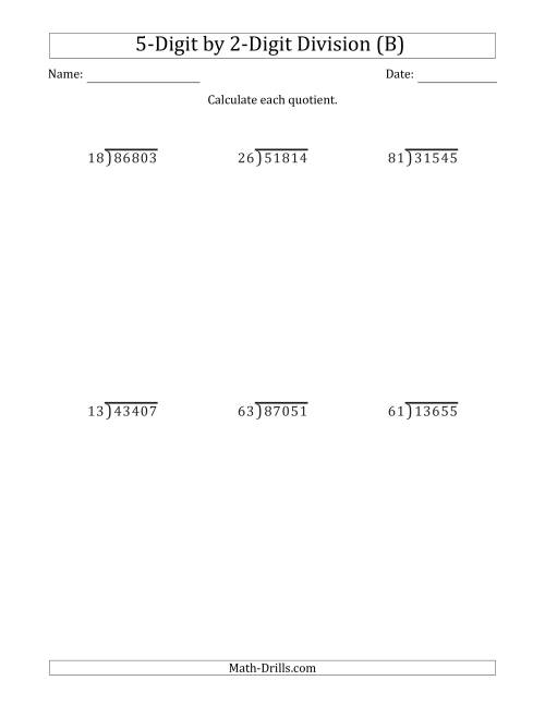 The 5-Digit by 2-Digit Long Division with Remainders and Steps Shown on Answer Key (B) Math Worksheet