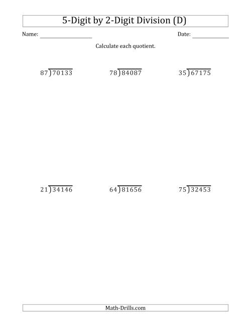 The 5-Digit by 2-Digit Long Division with Remainders and Steps Shown on Answer Key (D) Math Worksheet