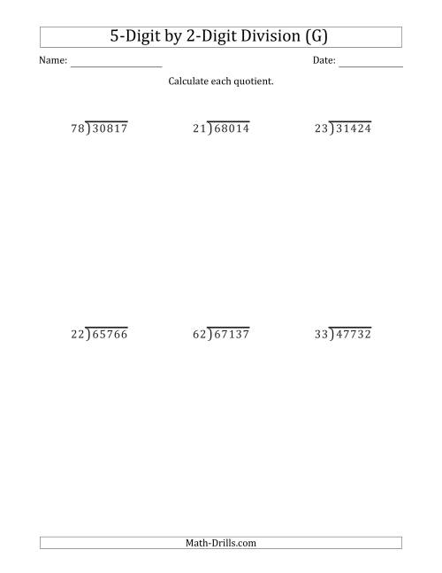 The 5-Digit by 2-Digit Long Division with Remainders and Steps Shown on Answer Key (G) Math Worksheet