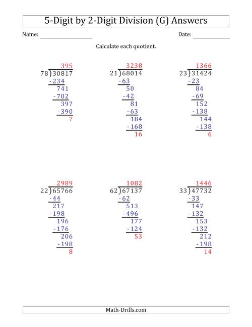 5 digit by 2 digit long division with remainders and steps