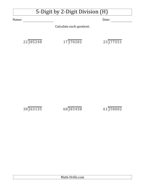 The 5-Digit by 2-Digit Long Division with Remainders and Steps Shown on Answer Key (H) Math Worksheet