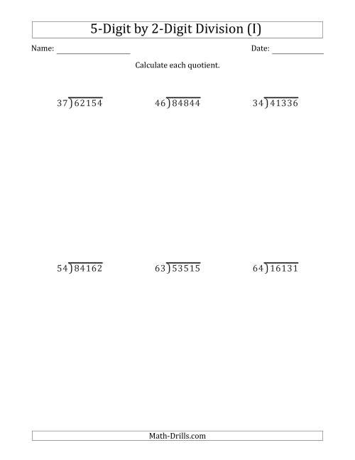 The 5-Digit by 2-Digit Long Division with Remainders and Steps Shown on Answer Key (I) Math Worksheet