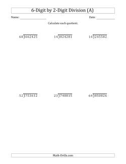 6-Digit by 2-Digit Long Division with Remainders and Steps Shown on Answer Key