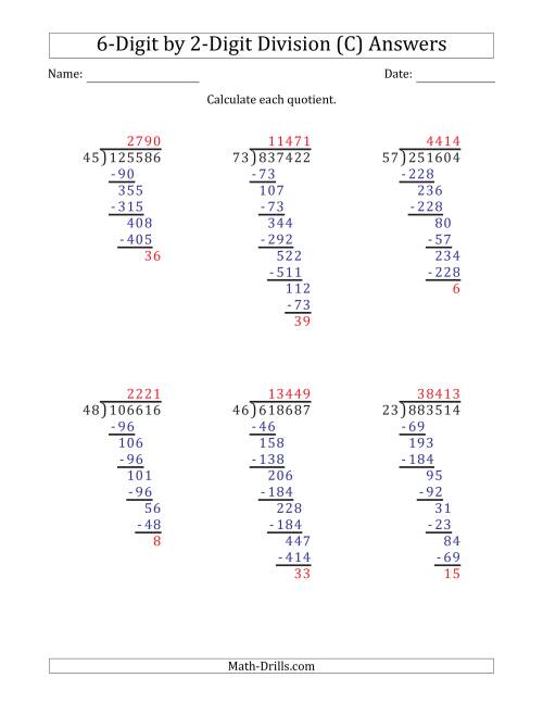 The 6-Digit by 2-Digit Long Division with Remainders and Steps Shown on Answer Key (C) Math Worksheet Page 2