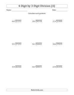 4-Digit by 3-Digit Long Division with Remainders and Steps Shown on Answer Key
